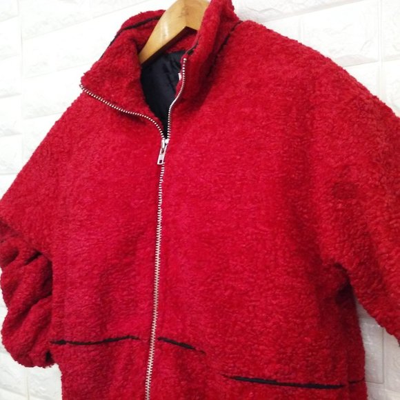 Y2K Cropped Bomber Jacket Pockets Faux-Fur Red - Picture 3 of 13